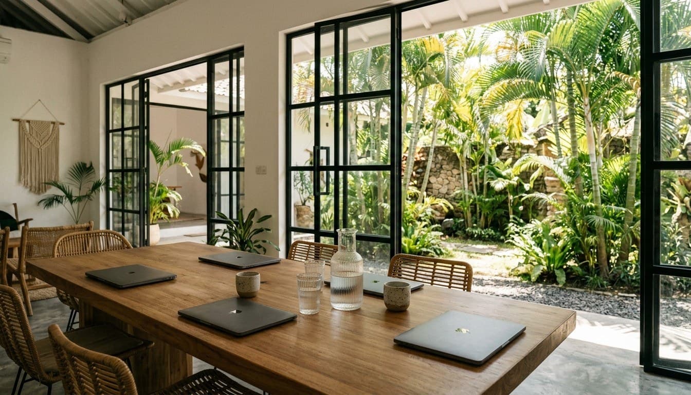 A modern digital studio workspace in Bali with a solid teak table and glass doors opening to a sunlit palm courtyard.
