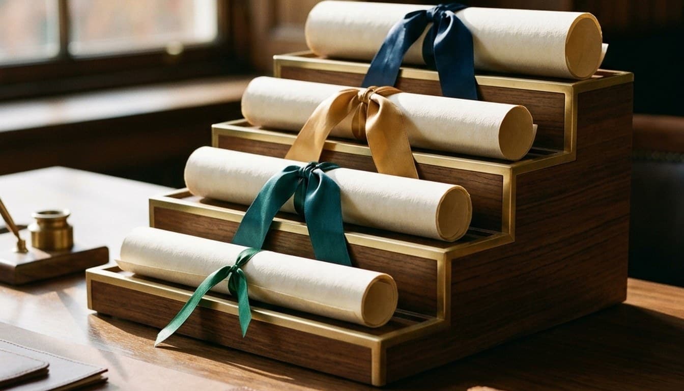 Four tiered wooden and brass document trays holding rolled parchment scrolls on an executive compliance desk.