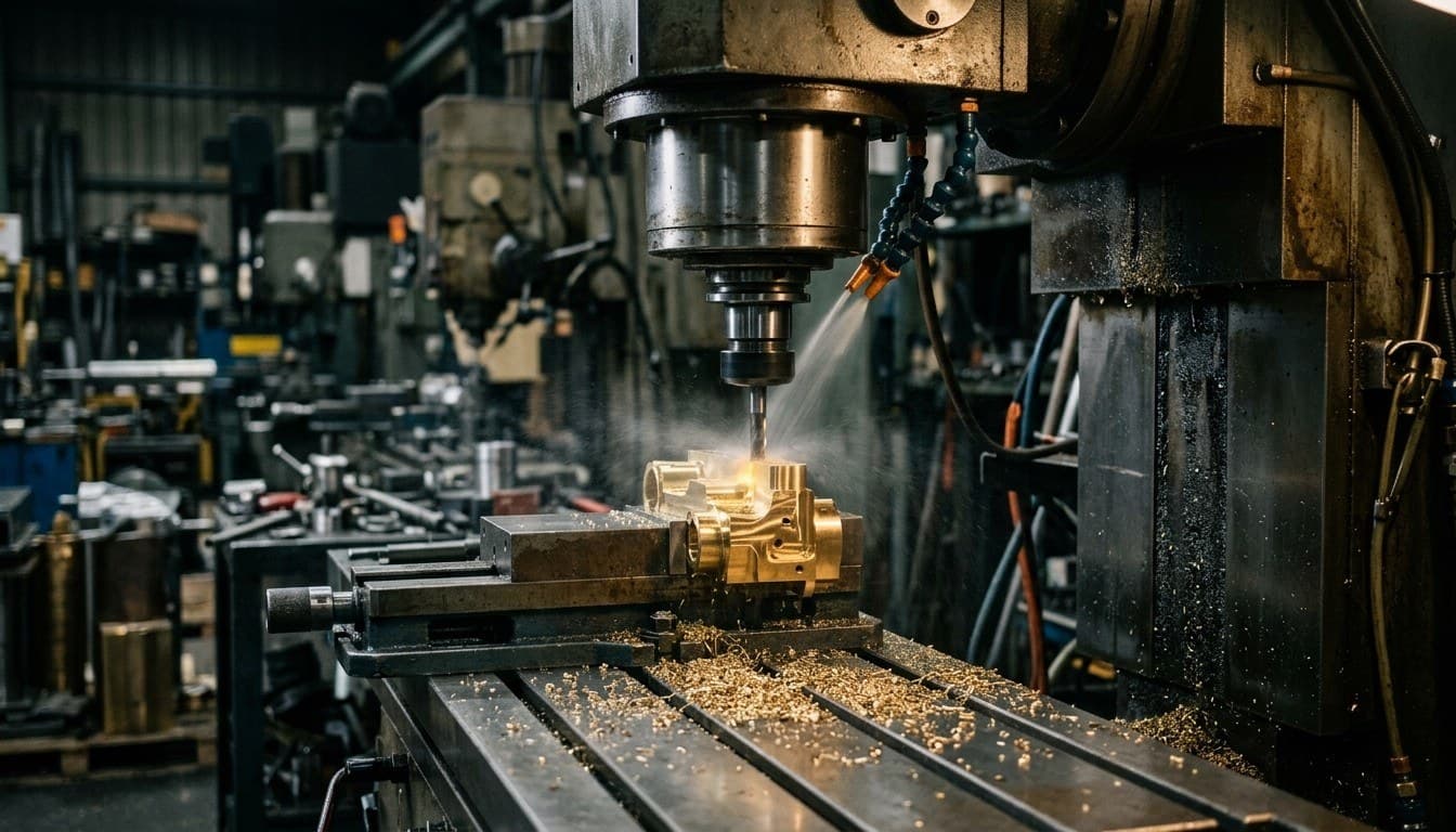 A precision CNC machine spindle carving an intricate brass component with coolant mist and fine swarf on a steel bed.