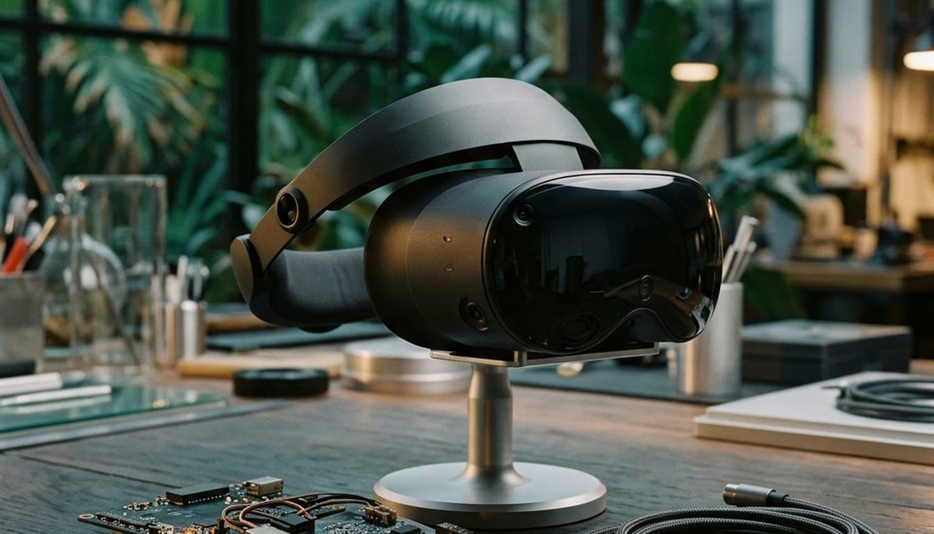 A sleek unbranded spatial computing headset on an aluminum stand beside micro-circuit prototypes on a wooden desk.