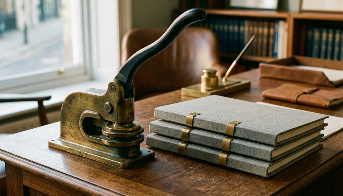 A heavy brass corporate embosser press and linen archival folders on a formal teak legal desk.