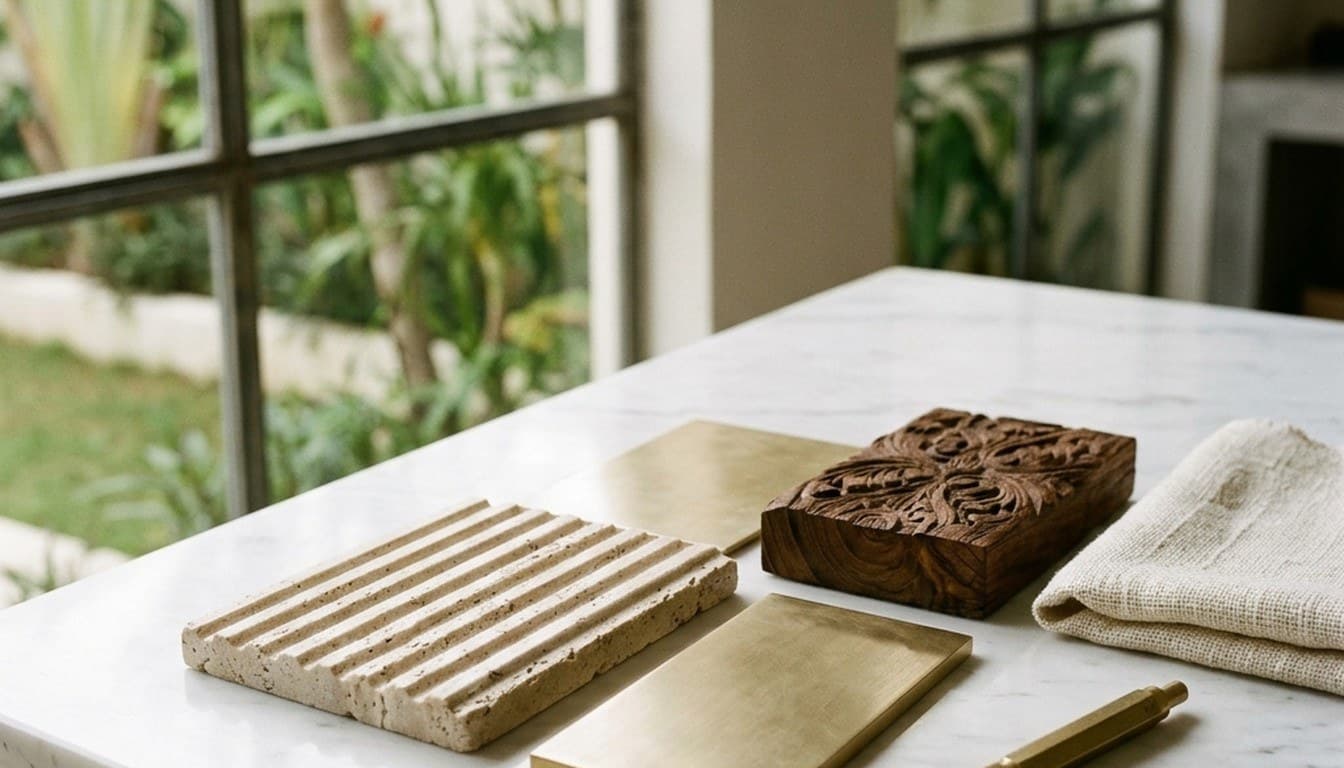 Luxury interior architectural finishes including travertine, brushed brass, suar wood, and linen samples on a marble desk.