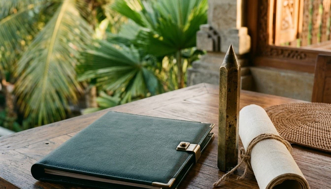 A dark green leather land title folio and brass cadastral boundary peg on an Indonesian teak desk.