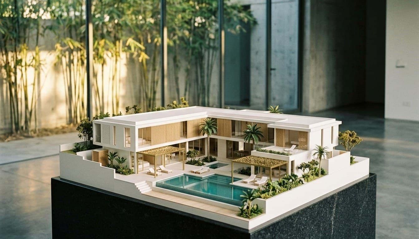 A detailed scale model of a tropical luxury villa on a black granite pedestal in an empty modern architect gallery.