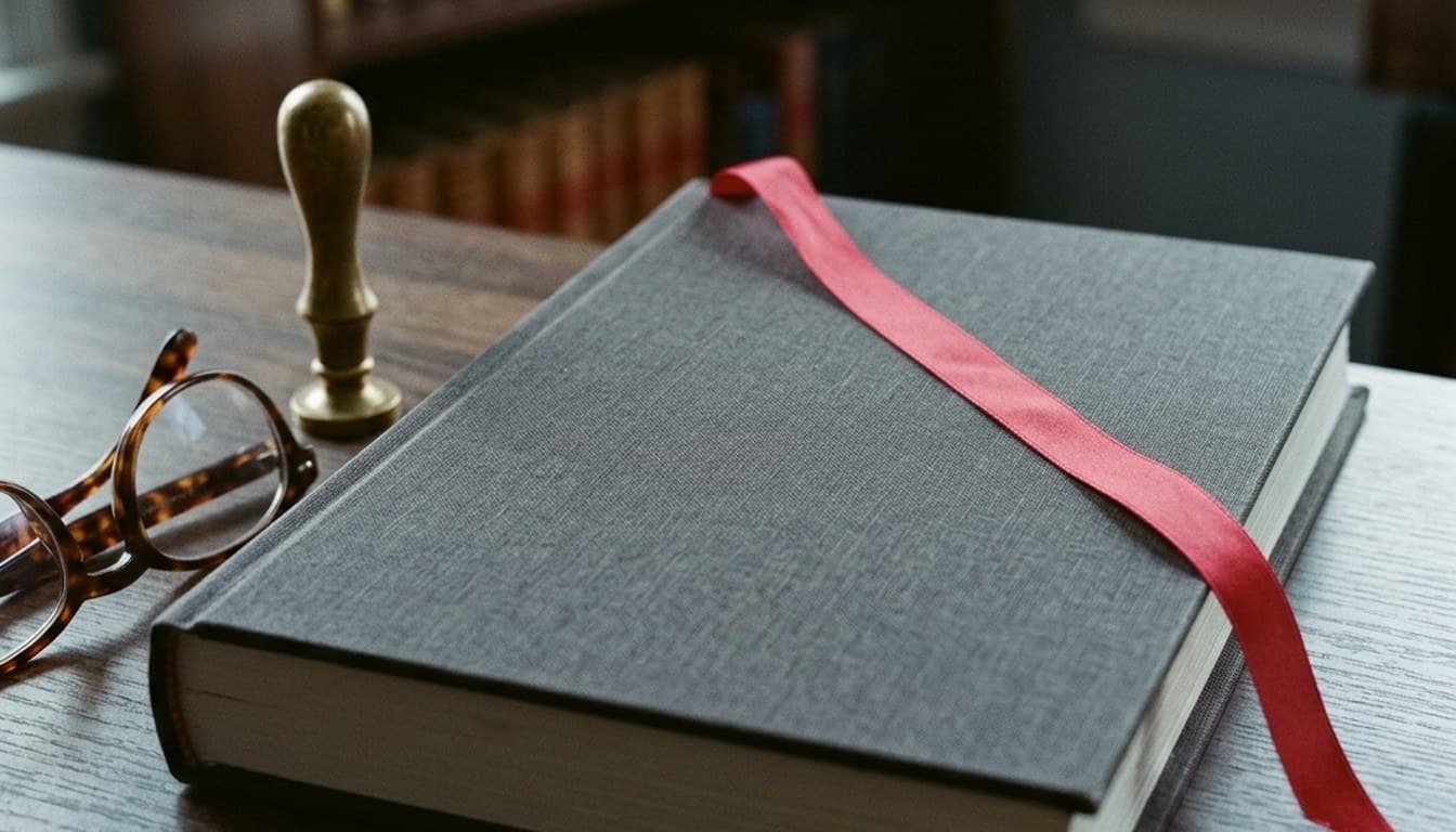 A heavy dark audit ledger with a crimson ribbon bookmark and tortoiseshell glasses under a focused directional beam.