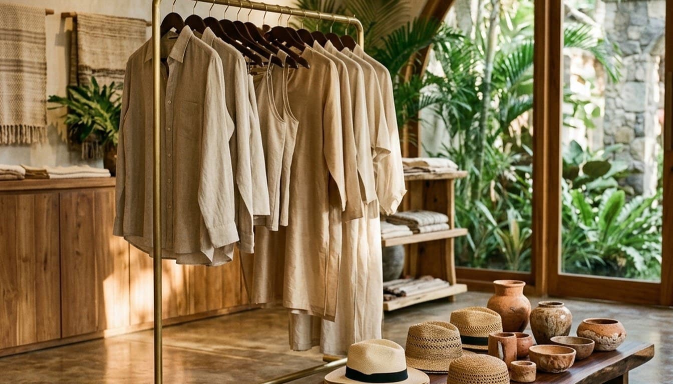 A minimalist brass garment rail with unbranded linen clothing and woven straw hats in a boutique.