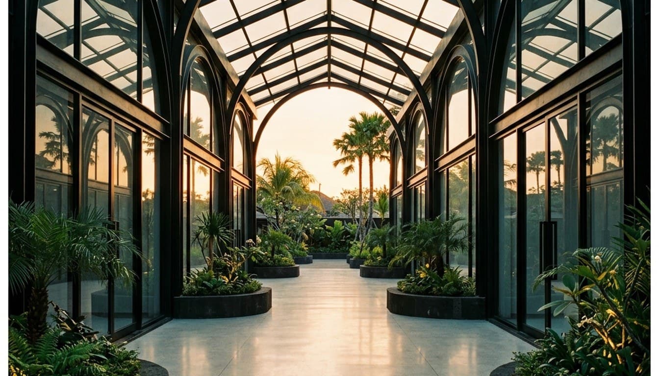 An architectural covered colonnade with steel-framed glass storefronts and tropical landscaping in Seminyak.