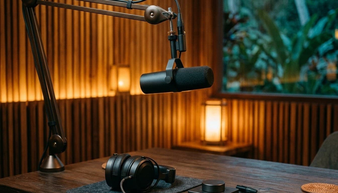 A professional broadcast dynamic microphone and studio headphones in a podcast studio with vertical teak slats.