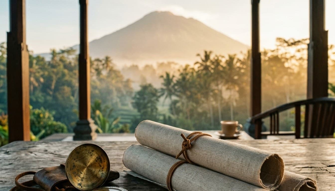 A brass field compass and rolled parchment scrolls on a teak table overlooking Mount Agung in morning mist.