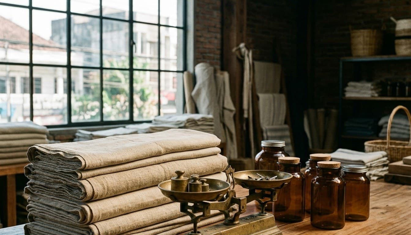 Natural linen textile bolts, glass apothecary jars, and brass scales on a wholesale trade desk.