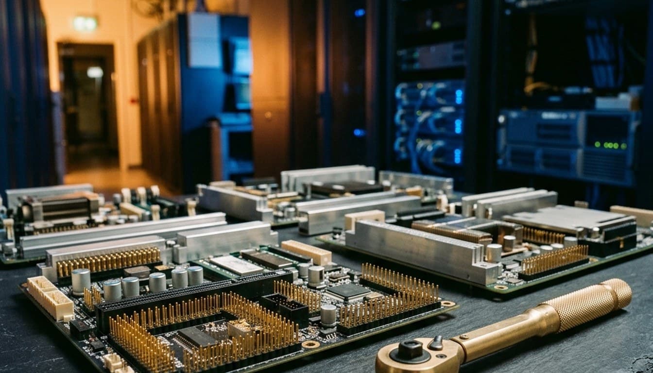 Precision server blade hardware and gold-pinned circuit components on an electronics testing workbench.