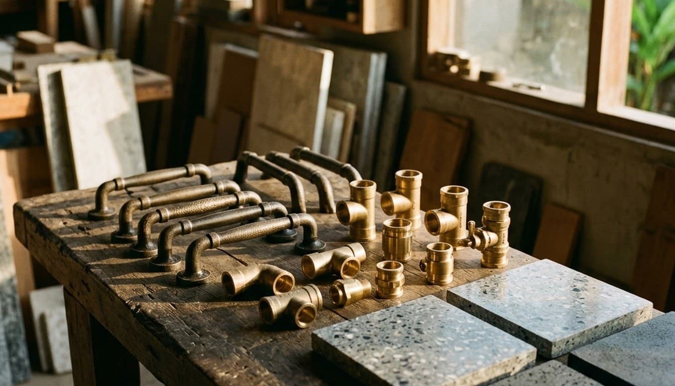 Solid cast bronze architectural hardware and heavy brass fittings arranged with stone samples on a drafting table.