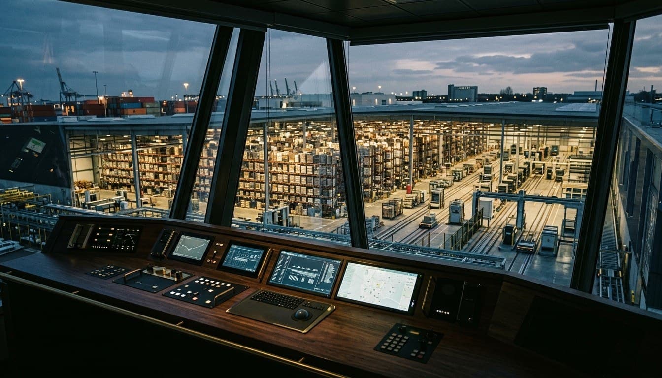 An elevated logistics control room console overlooking a high-bay illuminated automated warehouse terminal at twilight.