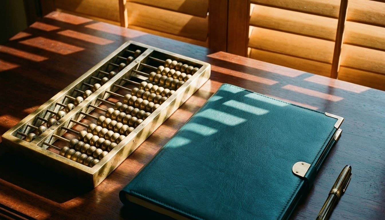 A solid brass mechanical abacus and dark teal leather audit folder on a polished mahogany desk.