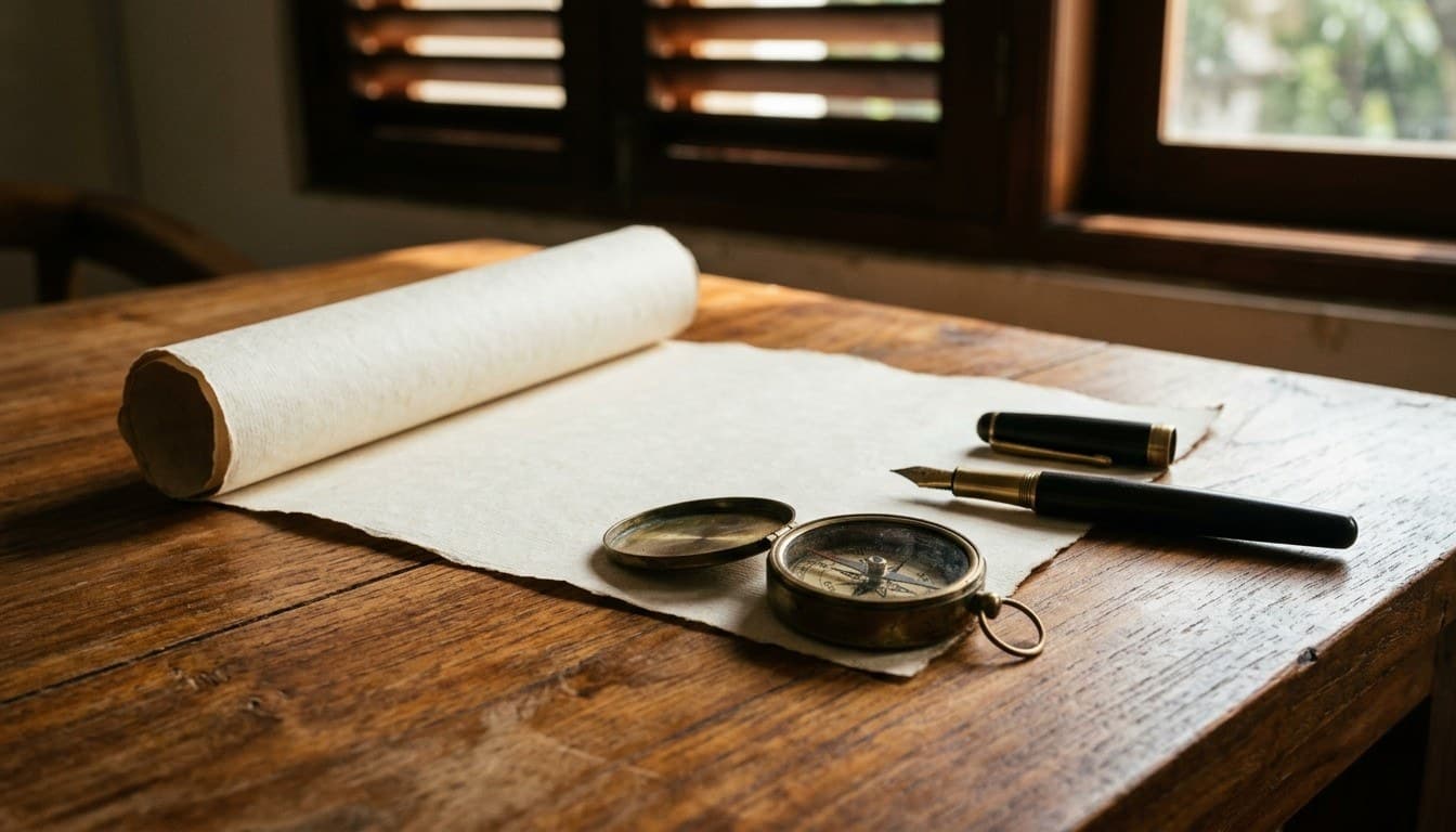 An unrolled blank parchment plan with an antique brass compass and fountain pen on a solid teakwood advisory desk.