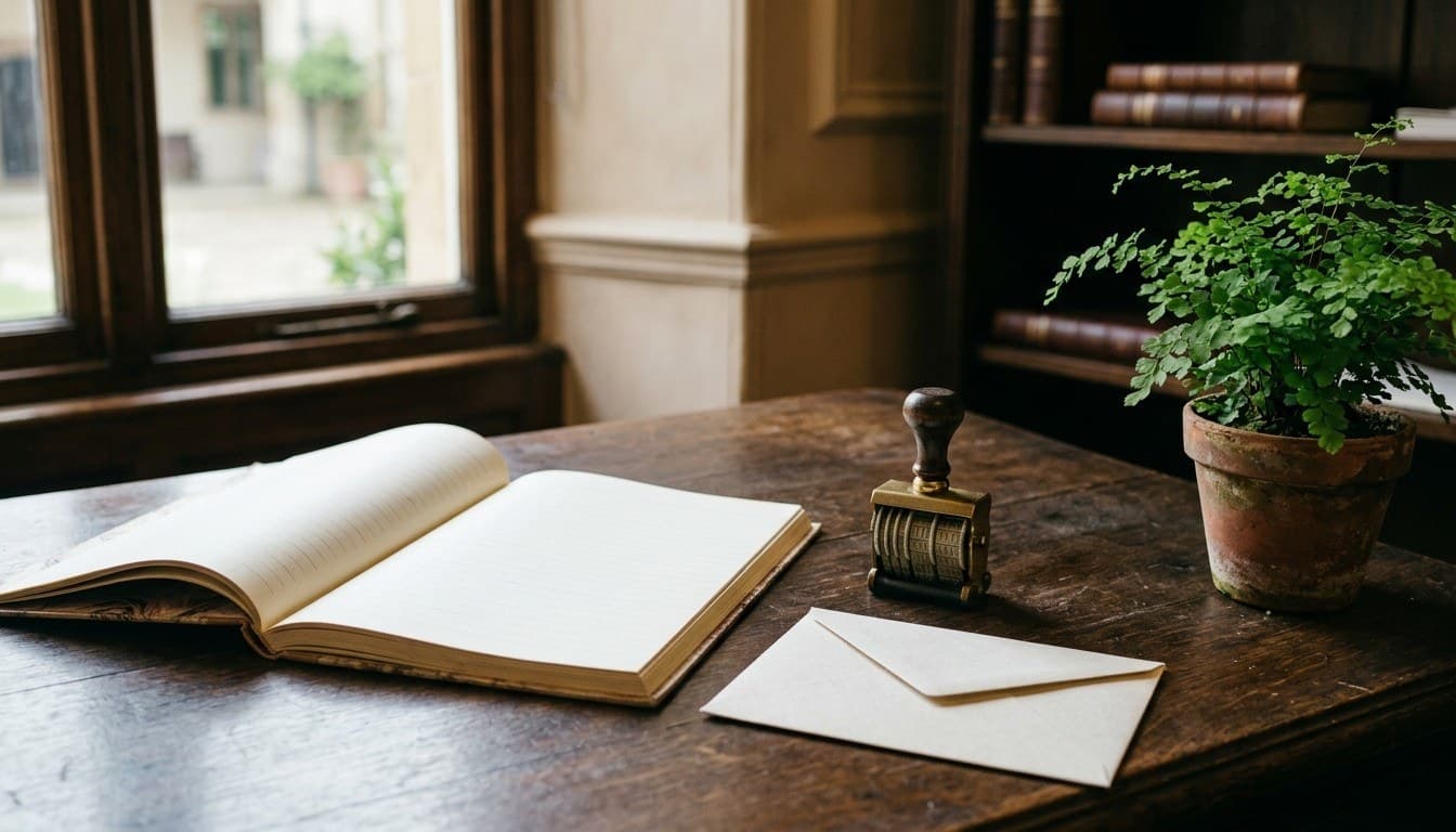 A civil registry desk with a brass date stamp, blank cream linen envelope, and open blank ledger beside a potted fern.