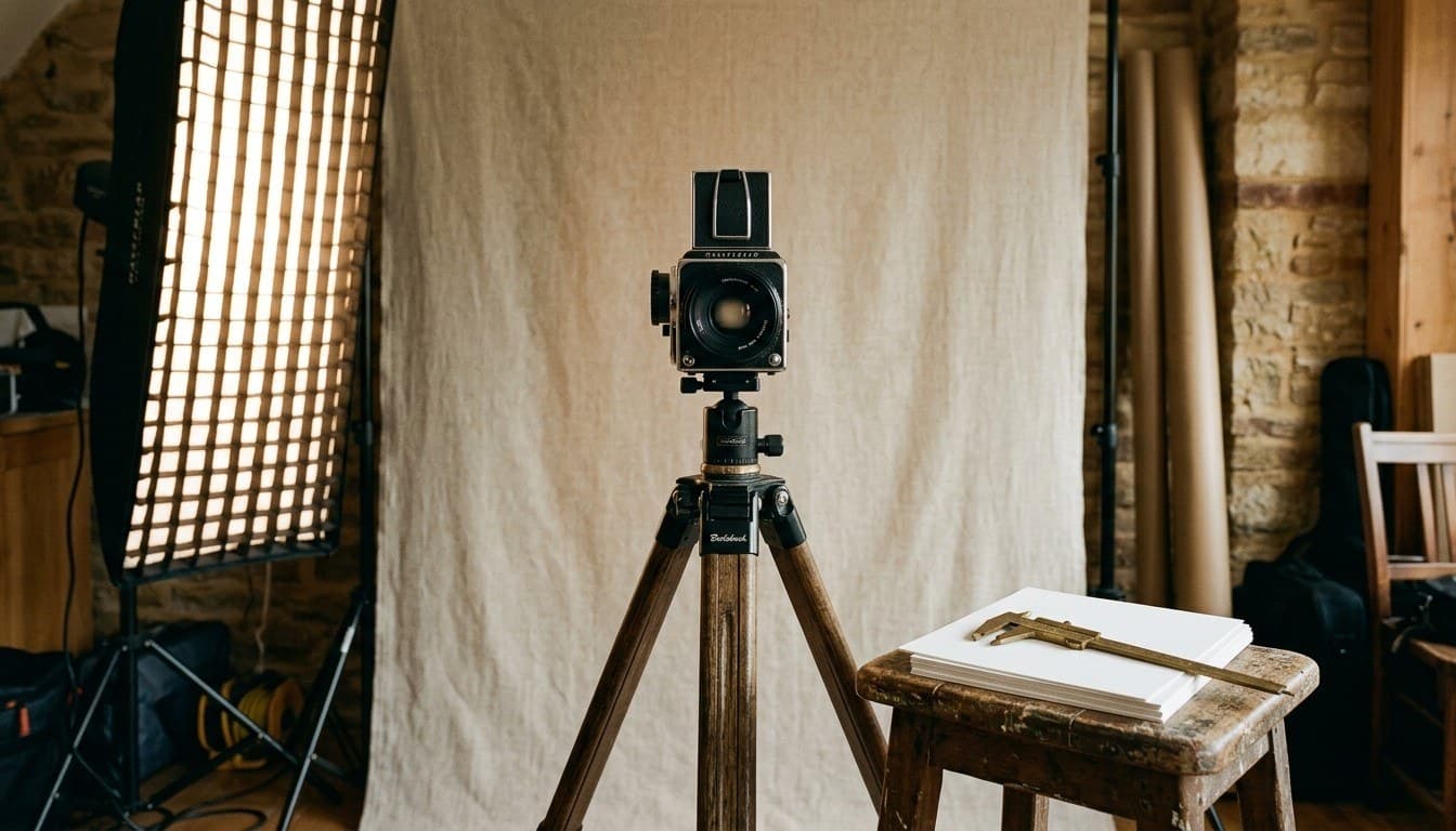 A classic studio camera on a wooden tripod facing a linen backdrop with a brass caliper and blank photo cards on a stool.