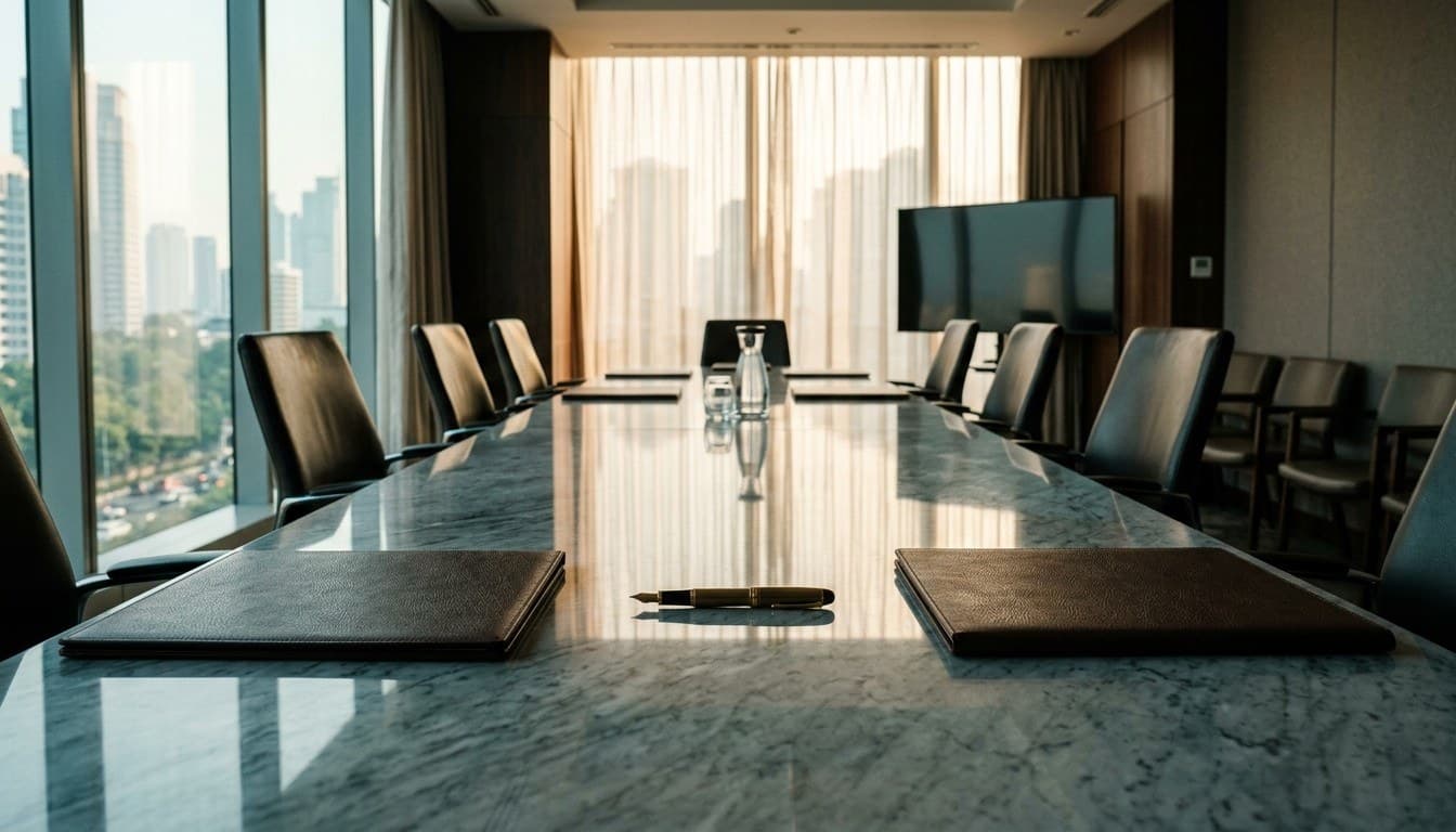 A sleek marble executive conference table with leather portfolios and a brass fountain pen facing city towers.