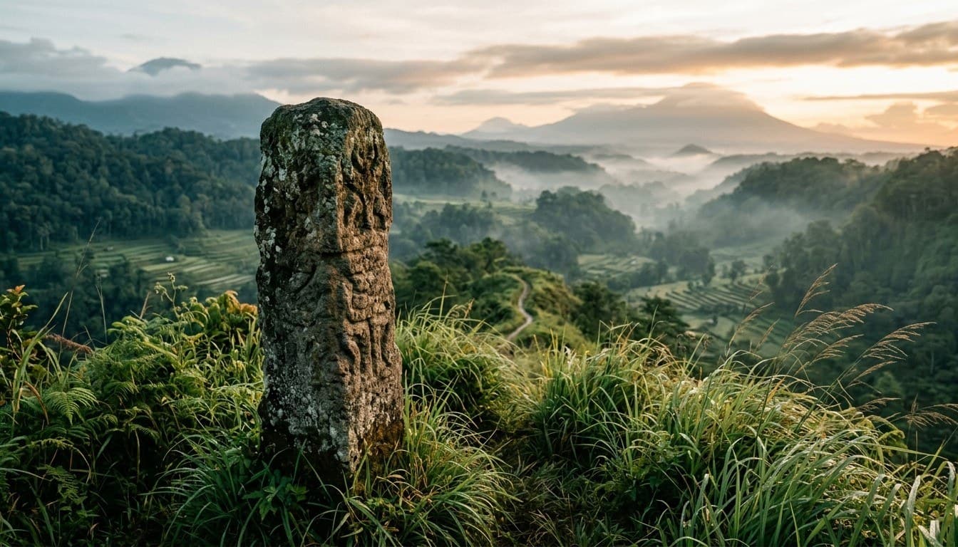 An ancient carved volcanic stone boundary pillar standing on a grassy ridge overlooking misty tropical valleys at dawn.