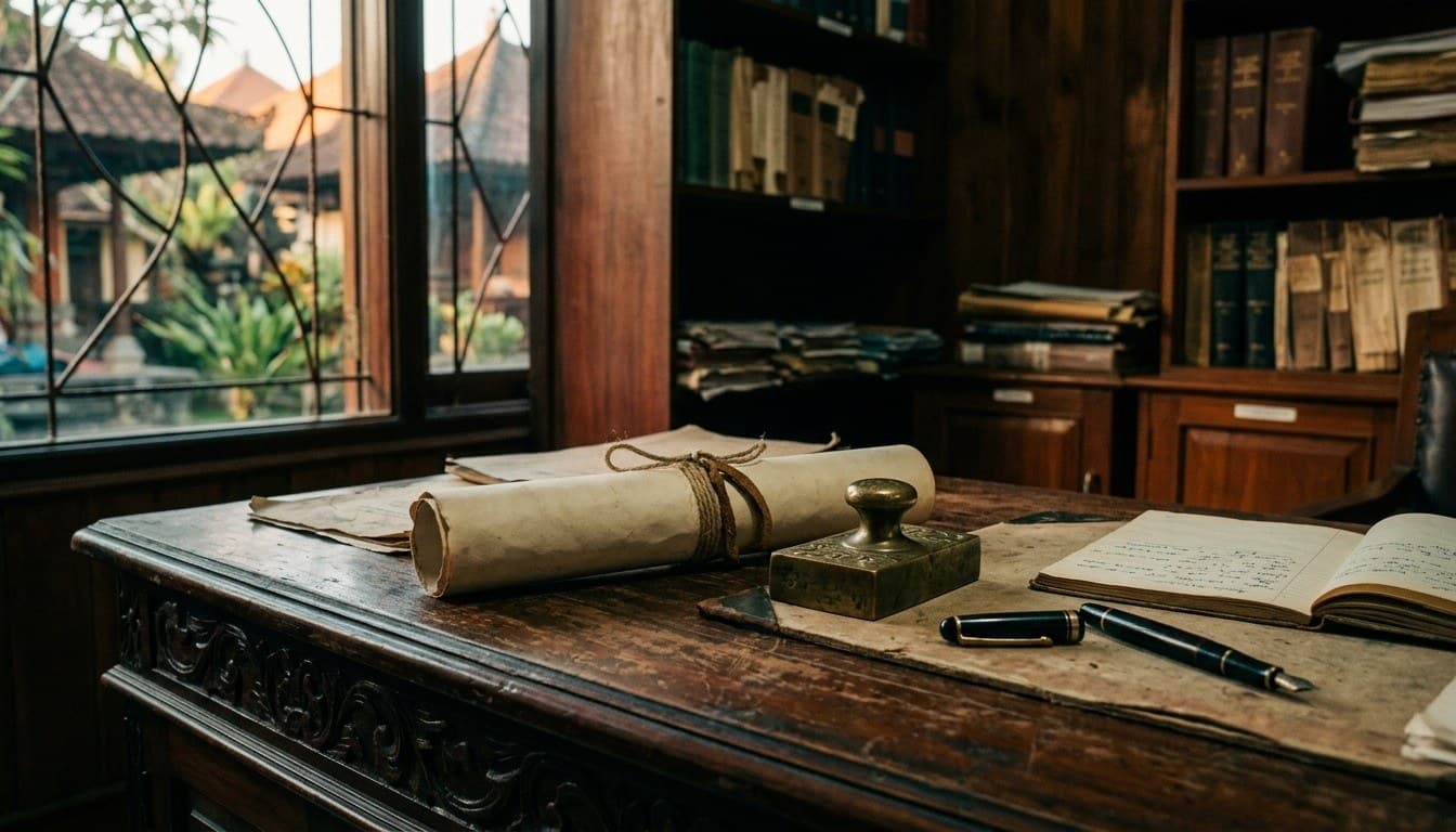 A rolled blank parchment scroll, solid brass paperweight, and fountain pen on an antique mahogany notary desk.