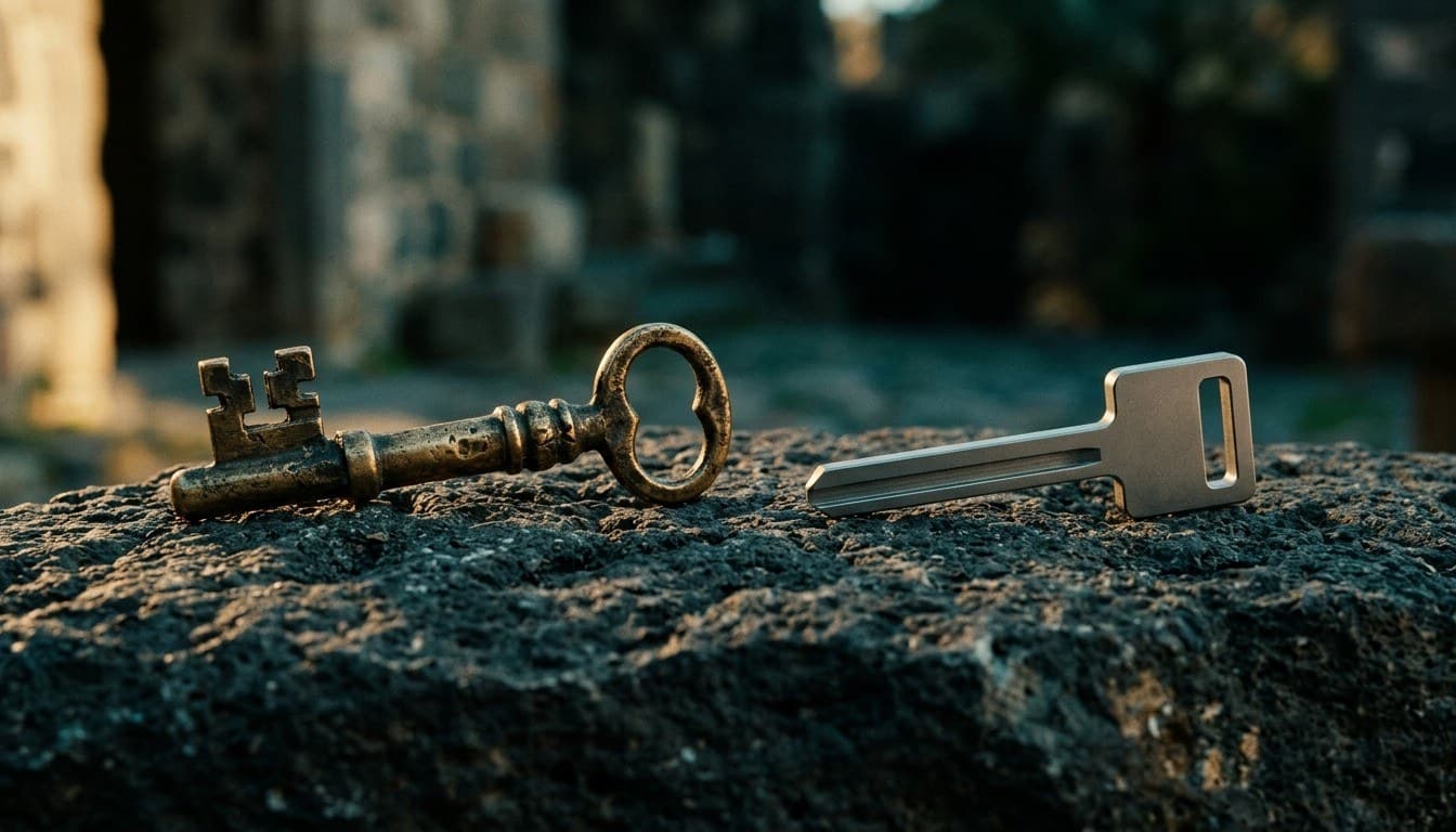 An antique hand-forged brass key and a modern titanium key resting side by side on dark volcanic basalt stone.
