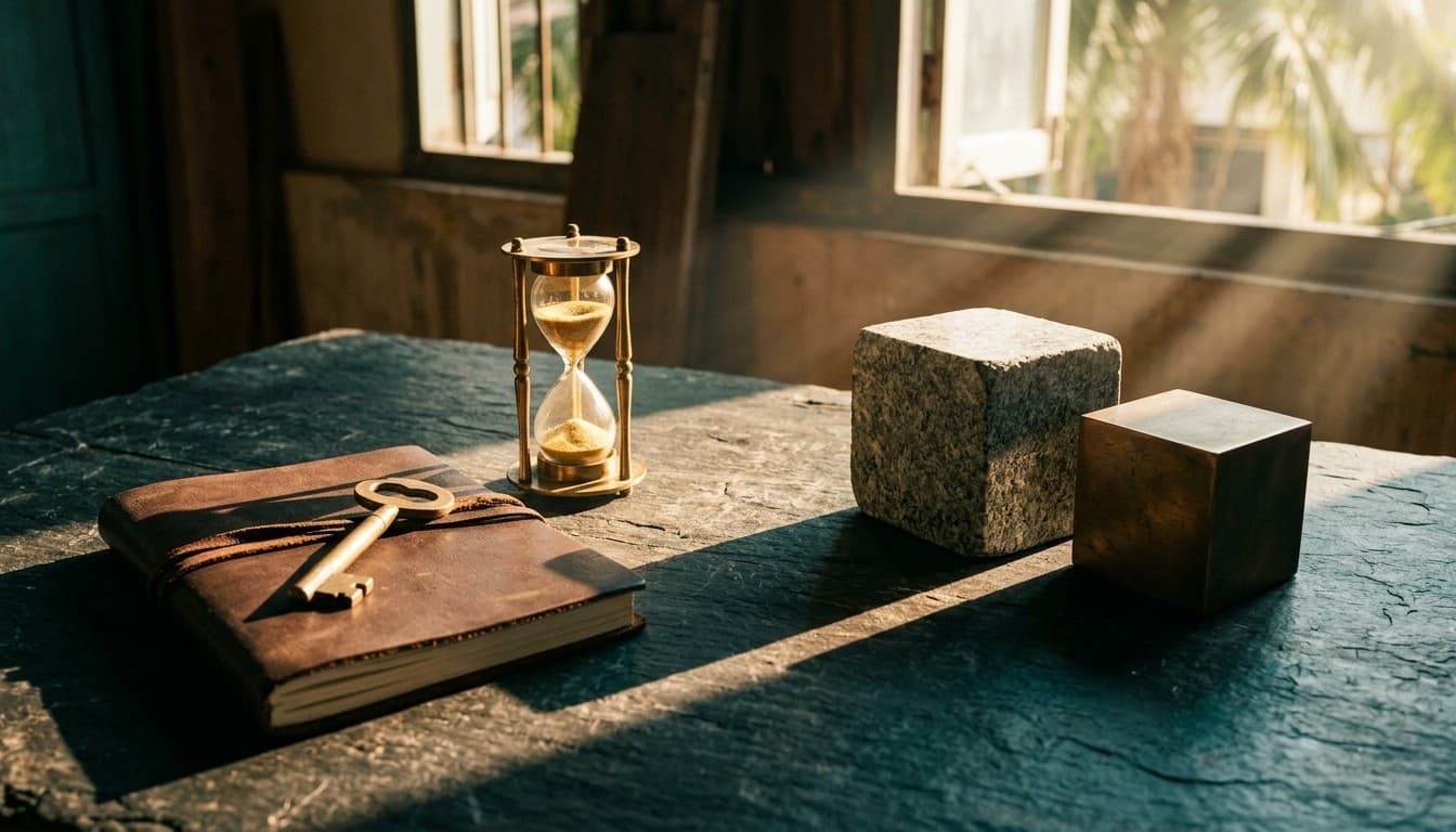 A brass key and hourglass beside a solid granite foundation block on a dark slate table.