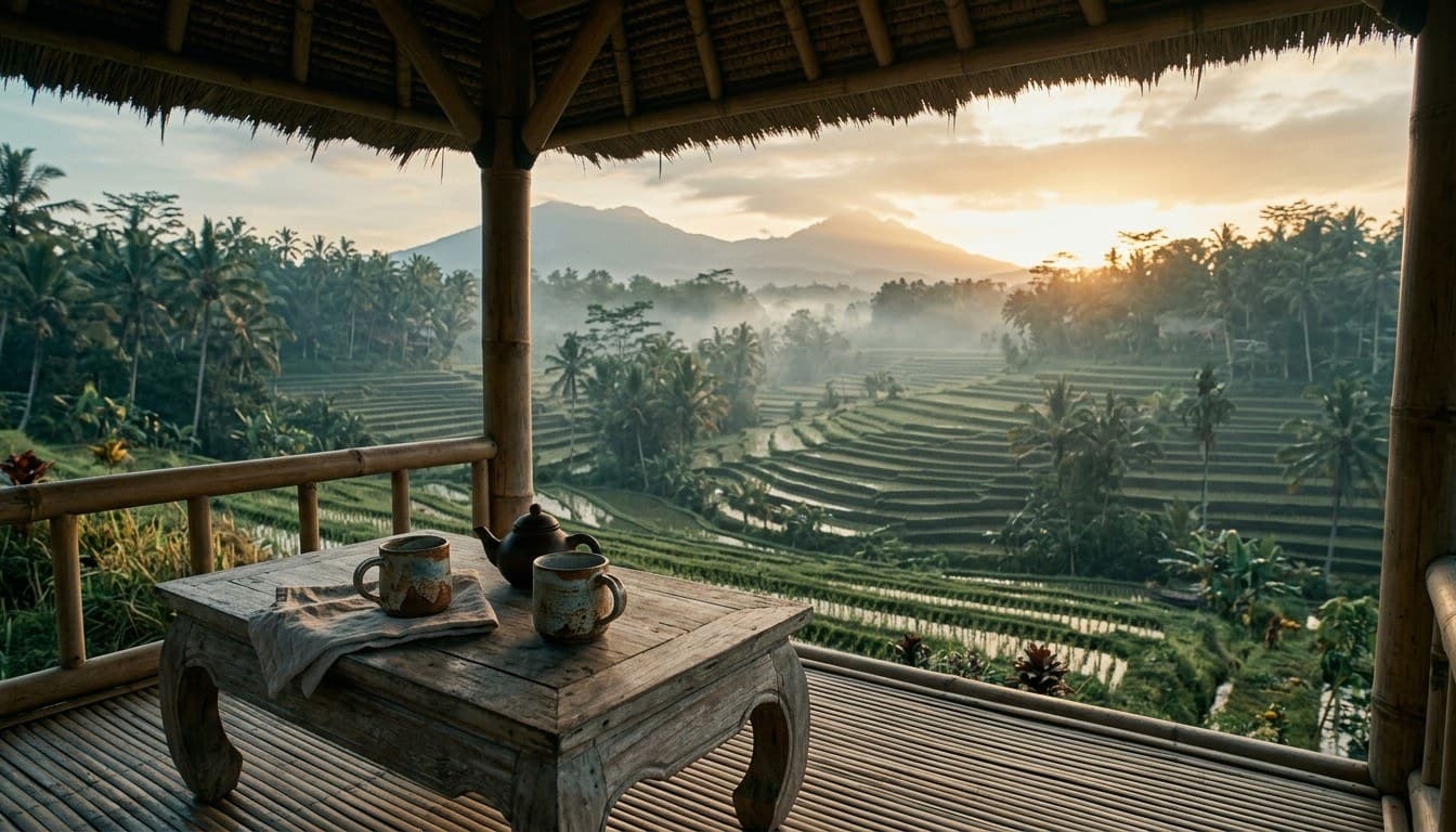 A bamboo open-air gazebo overlooking terraced rice paddies and volcanic mountains at dawn with clay tea cups on a low wooden table.
