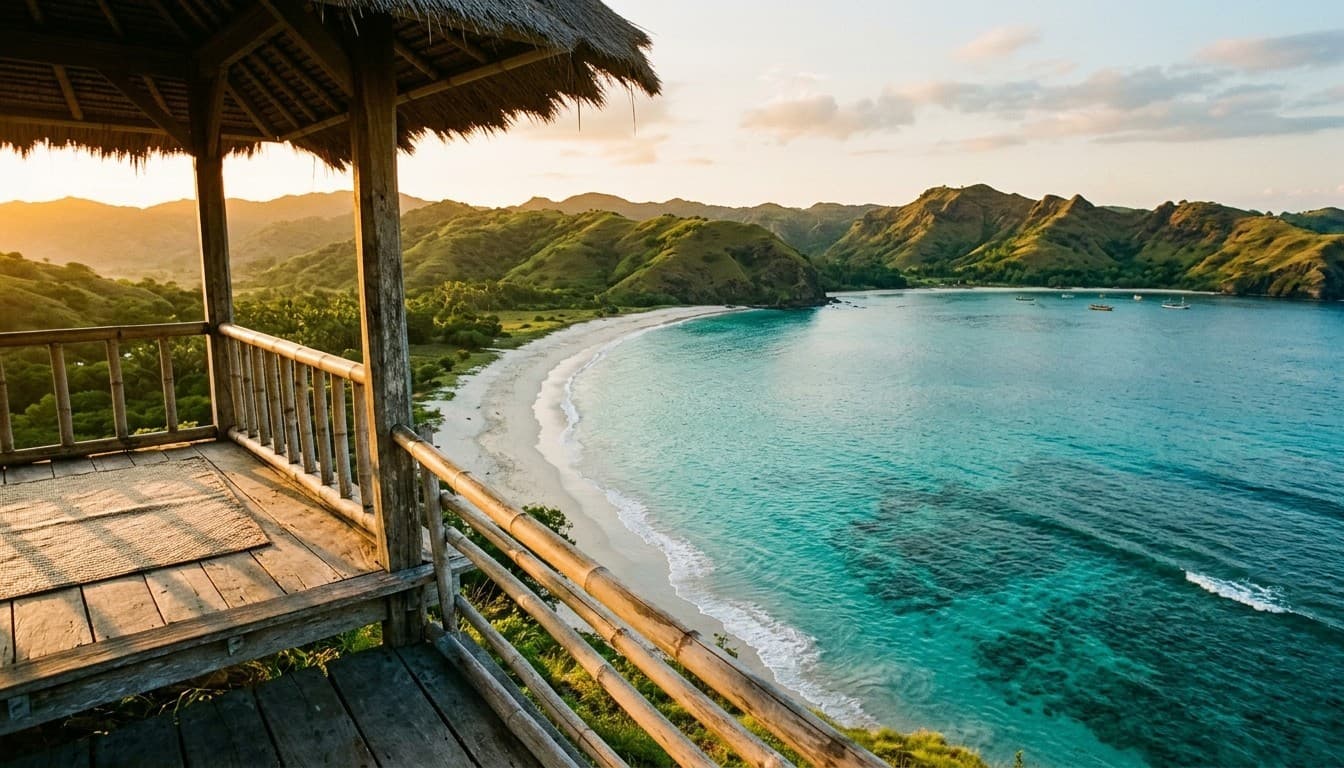 Editorial landscape photograph of a pristine turquoise bay and crescent beach seen from a bamboo pavilion in South Lombok