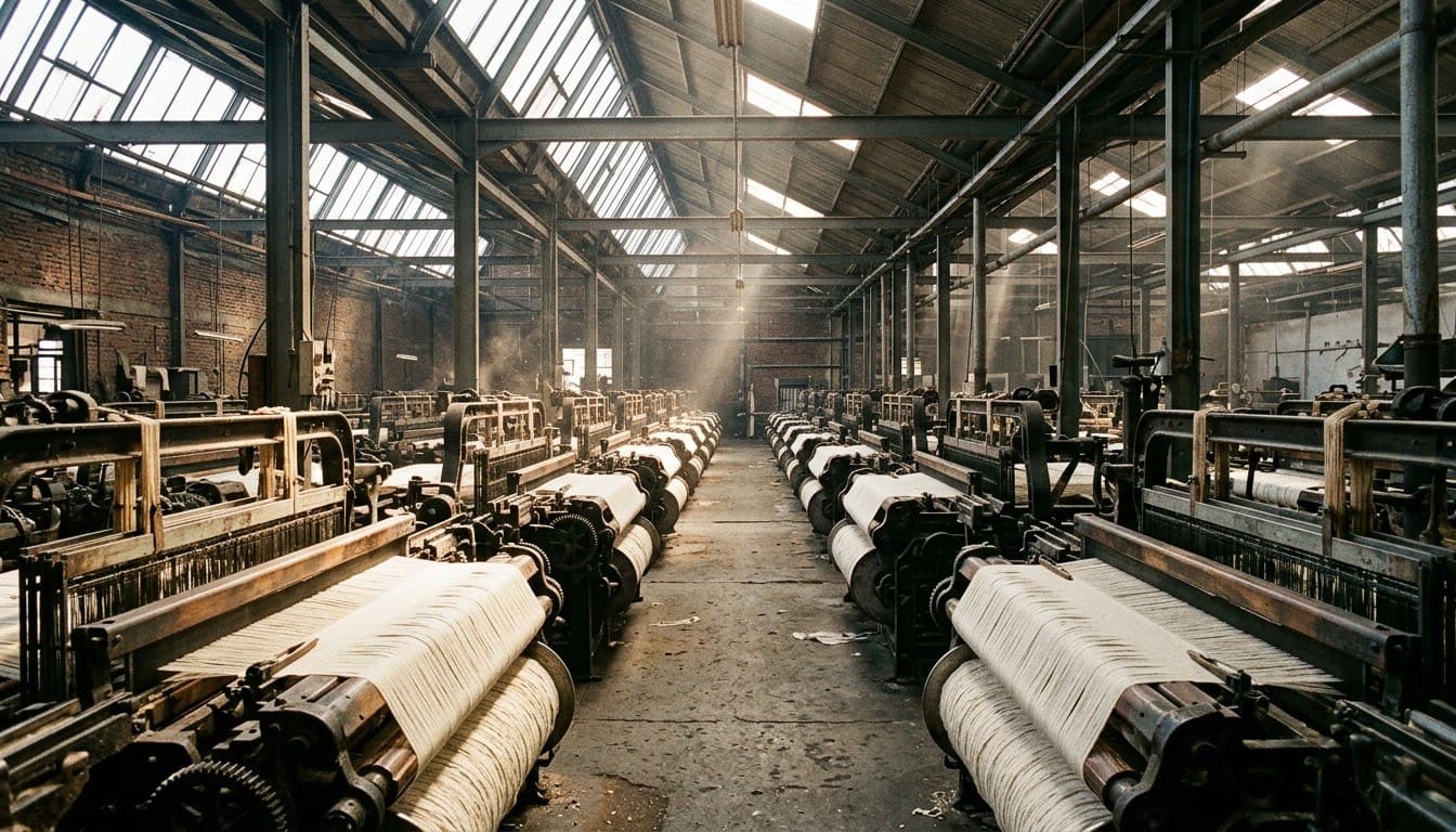 Mechanical weaving looms producing natural cotton fabric under sunbeams in an Indonesian textile factory.