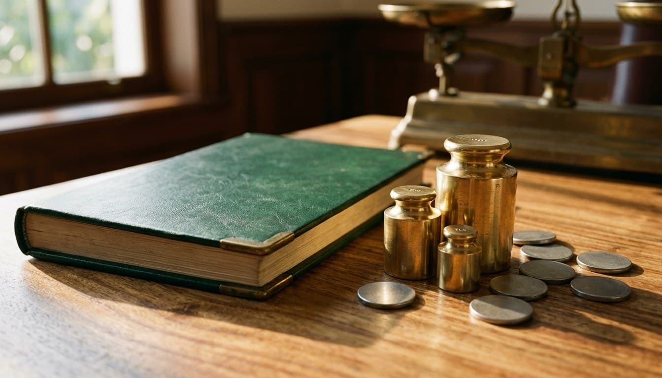 Solid brass precision balance weights, blank metal tokens, and an emerald green ledger on a wooden desk.