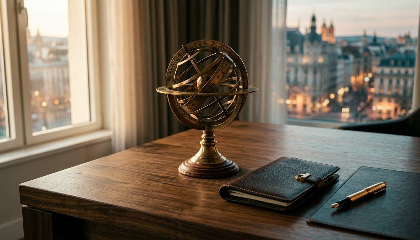 A dark walnut desk holding a brass tabletop armillary globe, a leather document wallet, and a gold-nib fountain pen beside a window.