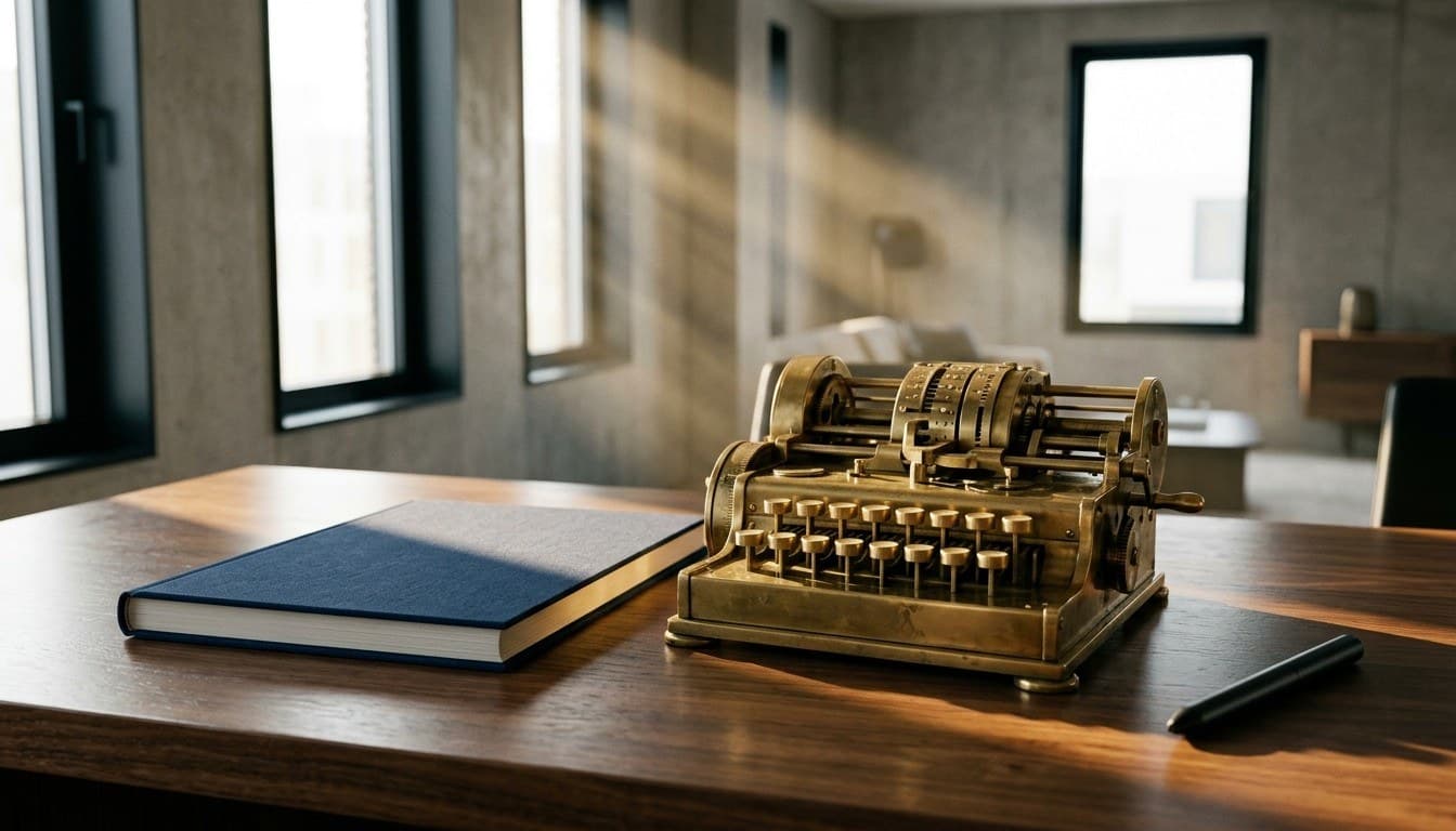 A vintage brass mechanical accounting apparatus and navy blue cloth ledger on a walnut desk with morning sunbeams.