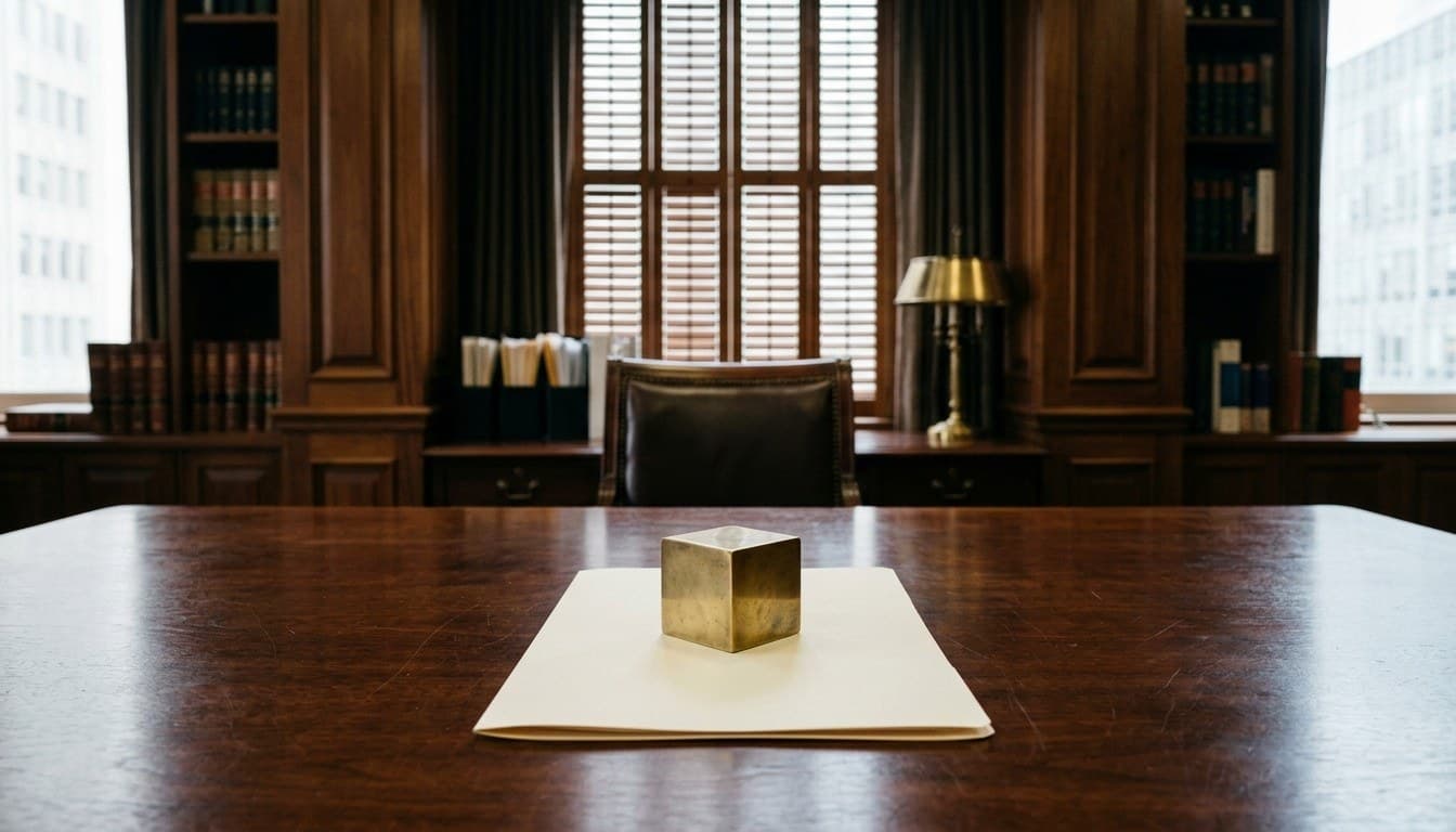 A solid brass paperweight resting atop a single blank application folder on an executive mahogany desk.