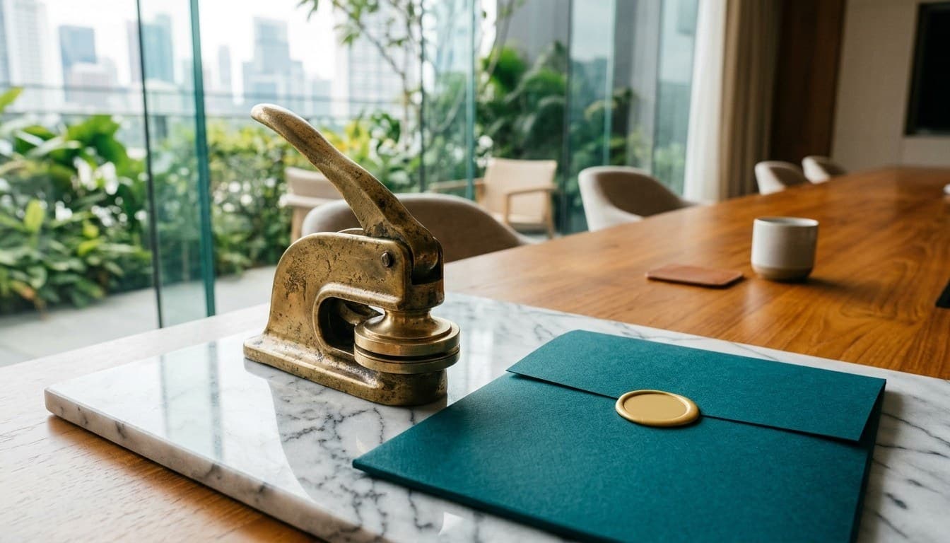 A solid brass desktop seal press and dark teal folder with a blank gold wax seal on a marble table.