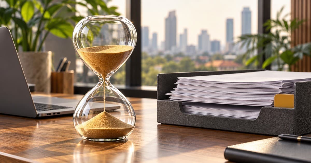 Editorial illustration of an hourglass beside application records and a laptop in a contemporary Indonesian office.
