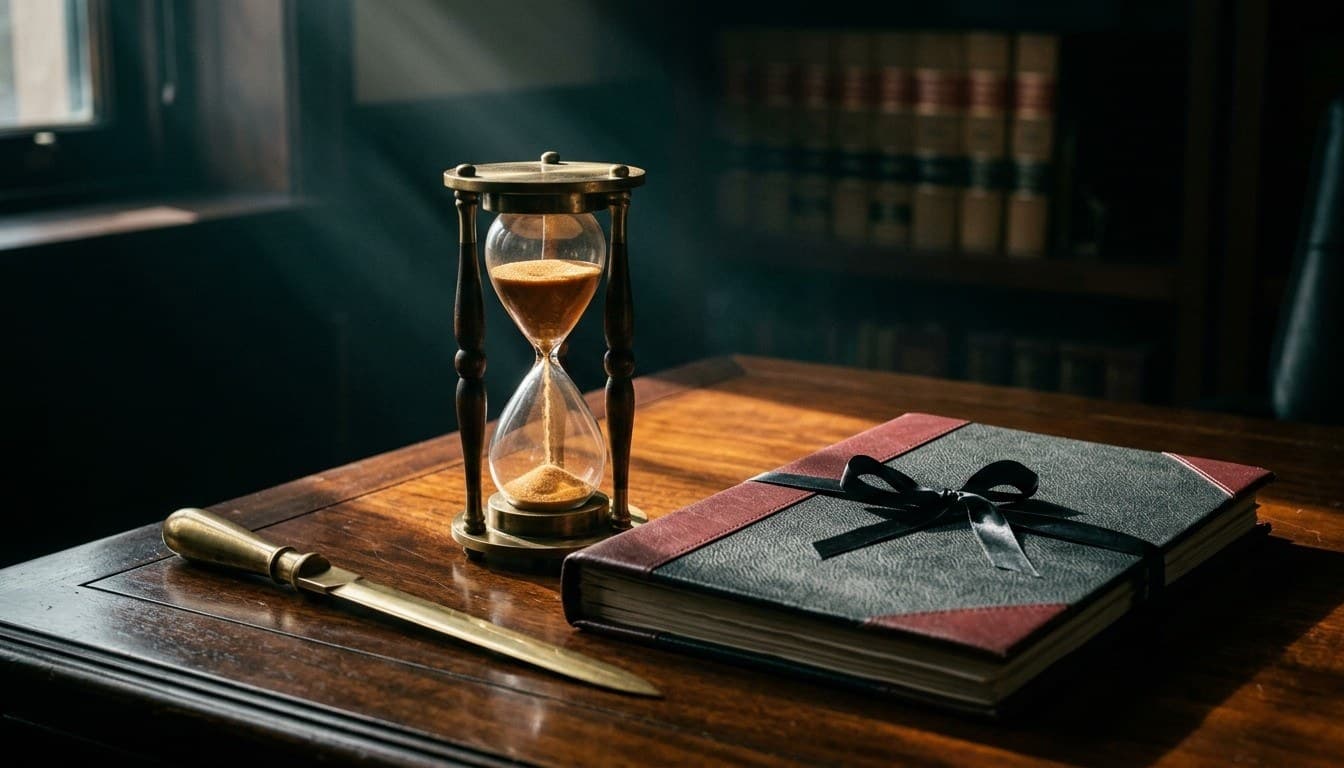 An antique brass hourglass with flowing amber sand beside a ribbon-tied legal case file and brass letter opener.