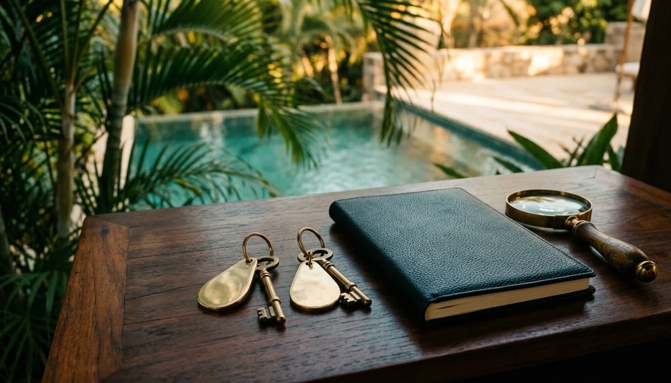 Two solid brass keys with unengraved fobs, a dark leather guest register, and a magnifying lens beside a private villa pool.