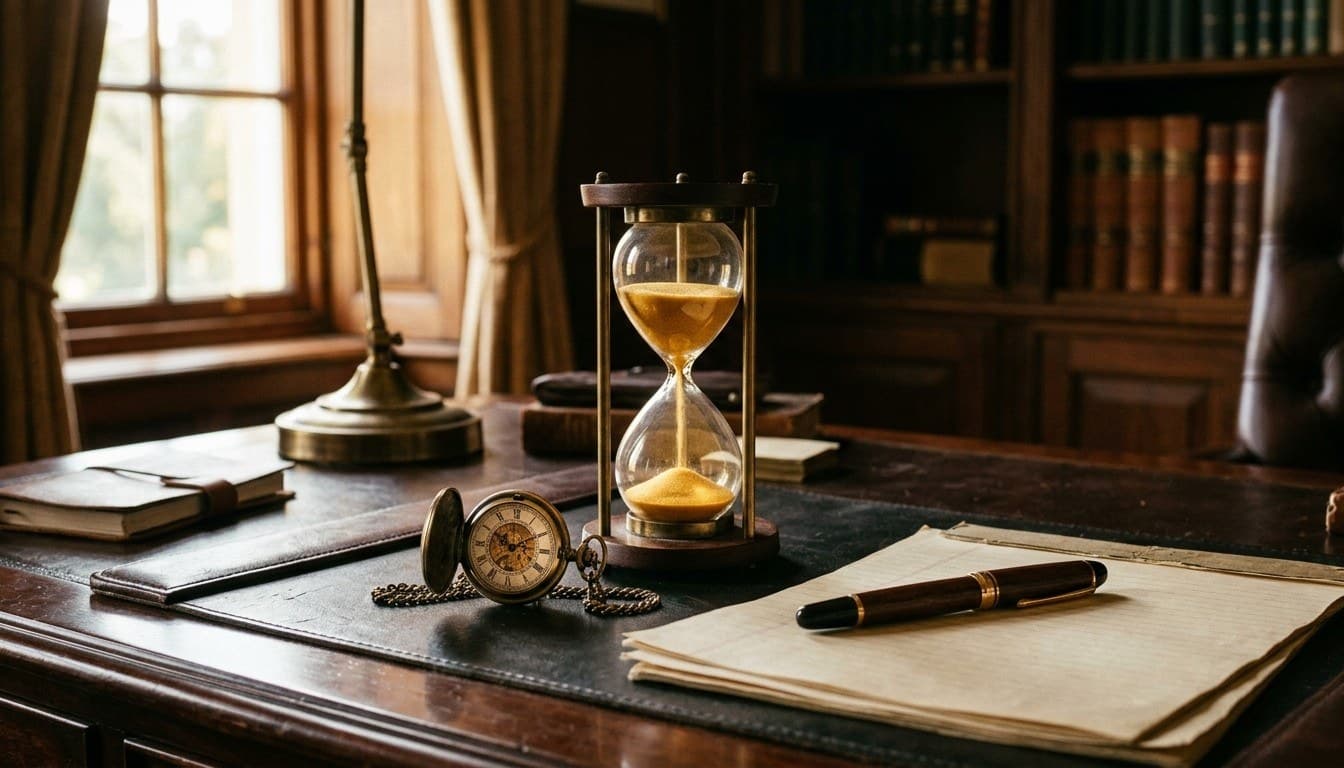 A vintage glass hourglass with golden sand, pocket watch, and blank legal ledger on an executive desk.