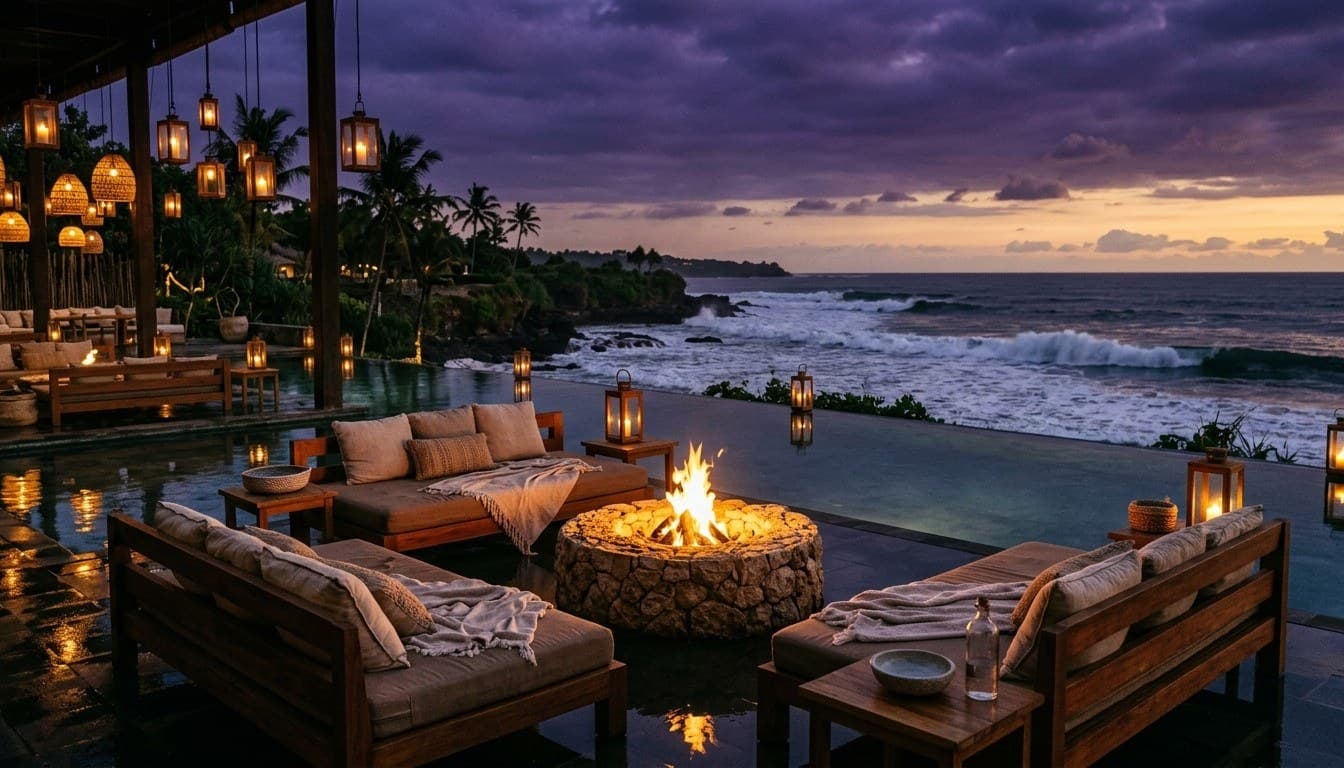 An illuminated open-air Bali beach club lounge with a stone fire pit and infinity pool overlooking ocean surf at twilight.