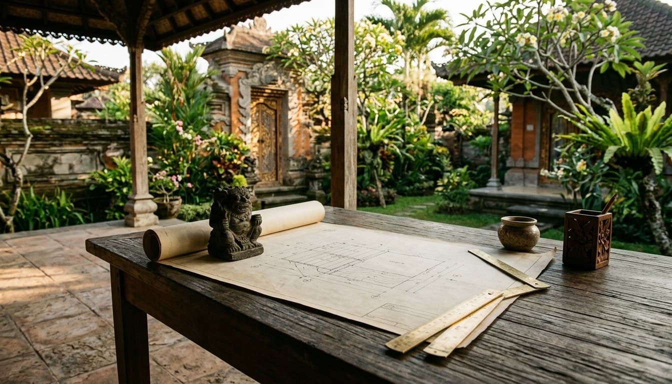 An unrolled site plot plan, folding ruler, and stone sculpture on a teak veranda table overlooking a villa garden in Bali.