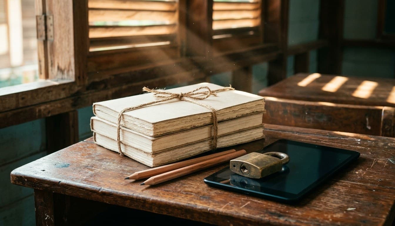 A stack of twine-bound blank sketchbooks, cedar pencils, and a brass padlock over a tablet on a wooden school desk.