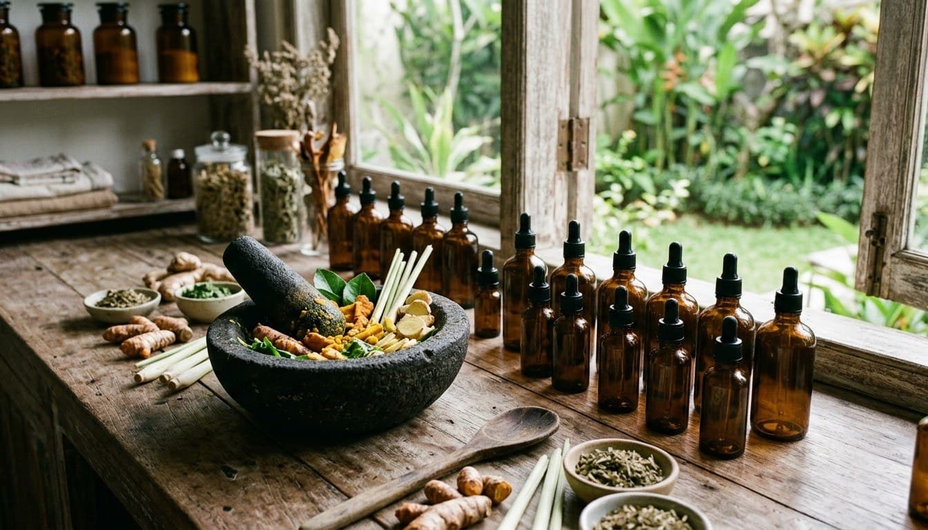 Amber glass apothecary bottles and a stone mortar with fresh turmeric and healing botanicals on a wooden counter in Bali.