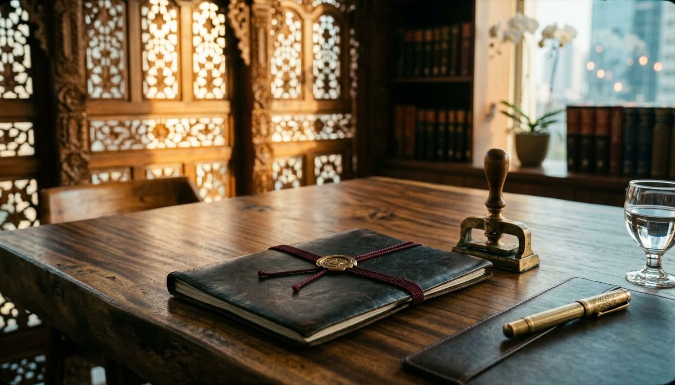 A leather legal folio with wax seal medallion and brass proxy stamp on a notary conference table in Jakarta.