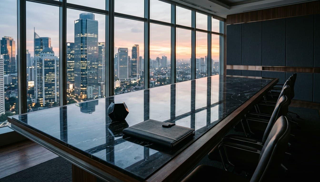 A luxury executive boardroom with a dark marble conference table reflecting floor-to-ceiling windows of the Jakarta financial district at sunrise.