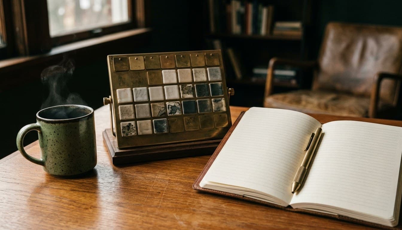 A brass perpetual calendar with blank tiles and an open lined notebook on a warm teakwood financial desk.