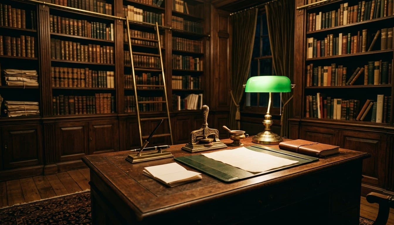 A classic law study with tall teak bookshelves, a glowing green banker lamp, an antique brass seal press, and blank parchment on a mahogany desk.