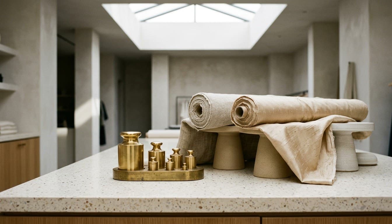 A minimalist boutique terrazzo counter with a graduated set of brass weights and rolled natural silk textiles under soft skylight.