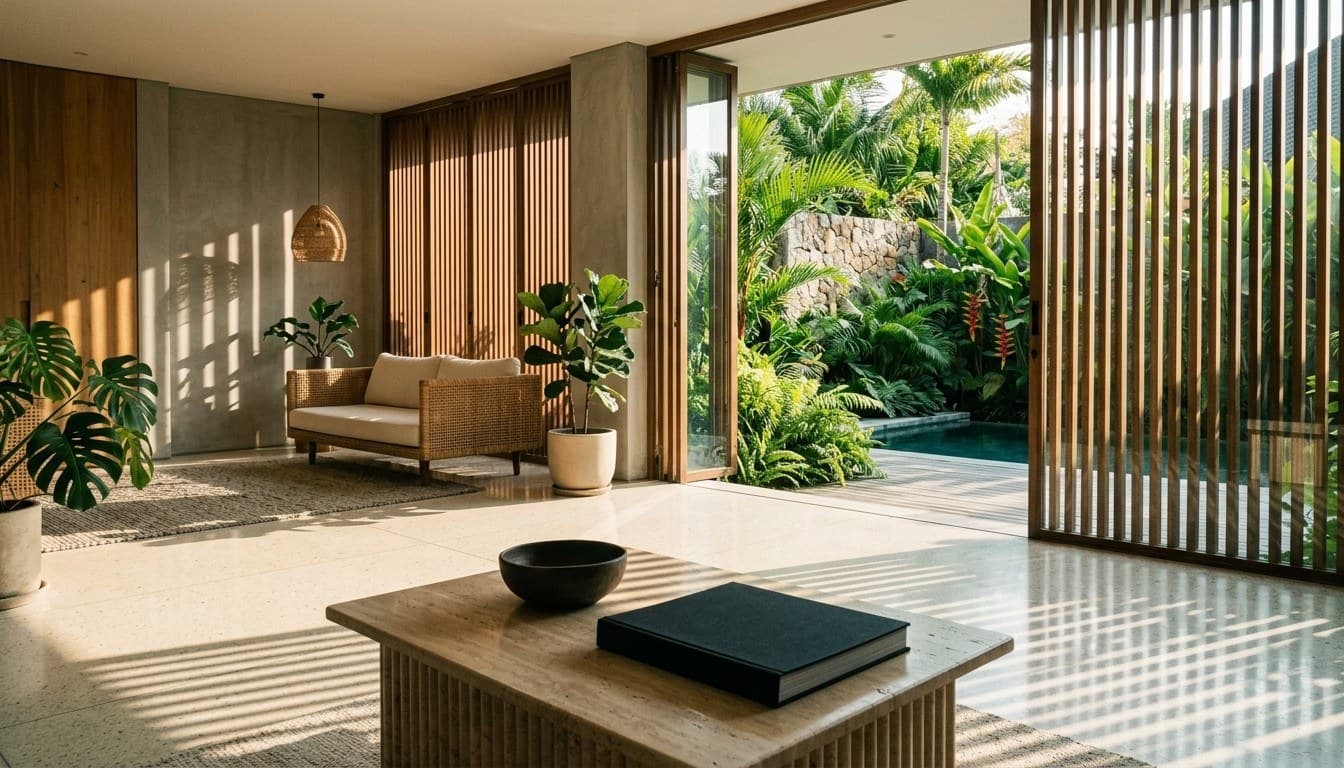 Sunlit modern tropical apartment interior in Bali with travertine coffee table, dark monograph, and terrace pool.