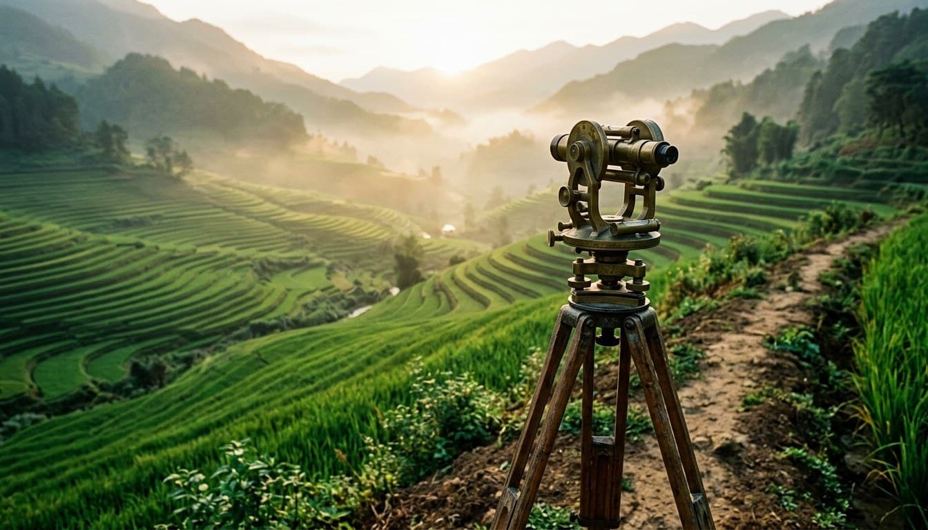 A vintage brass theodolite surveyor instrument on a tripod overlooking vast terraced green rice paddies at sunrise.