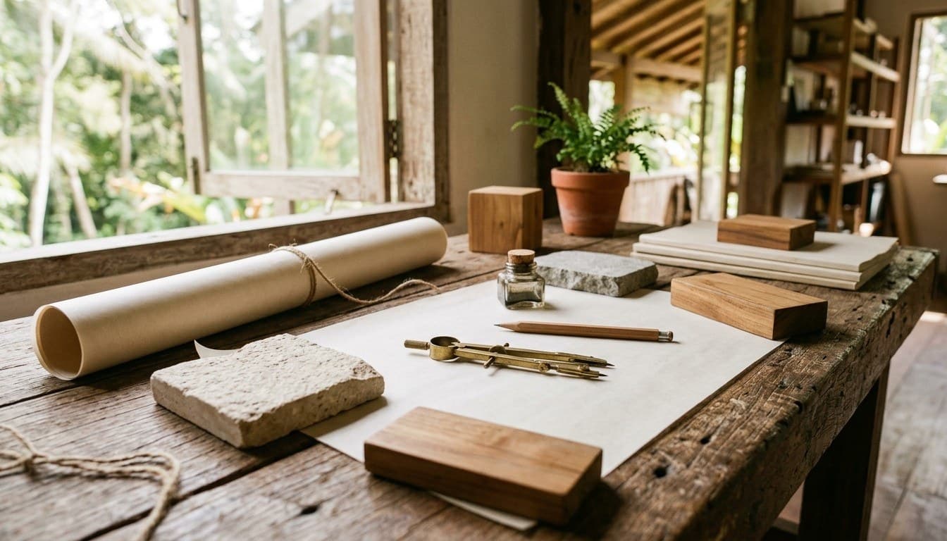 A tropical architect drafting table with teakwood sample blocks, raw limestone swatches, brass compass, and blank rolled plans.